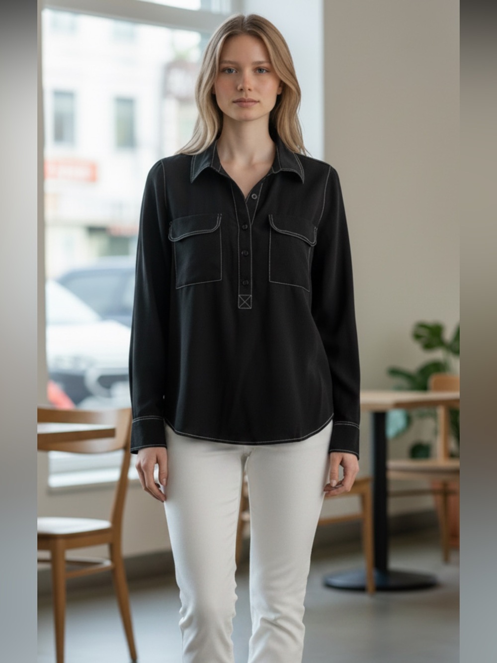 GO BY GO SILK Black Button-Front Long Sleeve Shirt